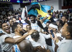 Bahamas National Men's Basketball Team celebrate victory at the FIBA 2024 Olympic Pre-Qualifying tournament in Argentina_