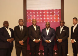Photographed at the City Club of Chicago this week are from left: Mr. Leon Lundy, Parliamentary Secretary in the Office of the Prime Minister; Hon. Fred Mitchell, Minister of Foreign Affairs; Mr. Emanuel Welch, Speaker of the Illinois House of Representatives; Prime Minister Hon. Philip Davis; His Excellency Wendall Jones, Bahamas Ambassador to the United States; and Mr. Michael Fountain, Honorary Consul for Chicago.