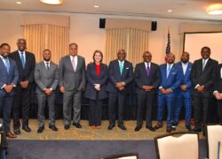 BAHAMAS INVESTMENT FORUM IN WASHINGTON, DC --  Photographed above are some the participants of the first Bahamas Business and Investment Forum in Washington, DC organized by The Embassy of The Bahamas. From left to right are Senator Barry Griffin; Central Bank Governor John Rolle; Senator Quinton Lightbourn; Senator Michael Halkitis, Minister of Economic Affairs; Barbara Feinstein, U.S. Deputy Assistant Secretary of State; The  Bahamas Ambassador to the United States His Excellency Wendall Jones; The Hon. I. Chester Cooper, Deputy Prime Minister and Minister of Tourism and Investments; Ambassador Chet Neymour; Consul General Washington Patrick Adderley; Consul General New York Leroy Major; and Michael Fountain, Honorary Consul Chicago.


