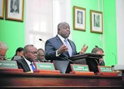 Prime Minister the Hon. Philip Davis, KC is photographed speaking in the House of Assembly.